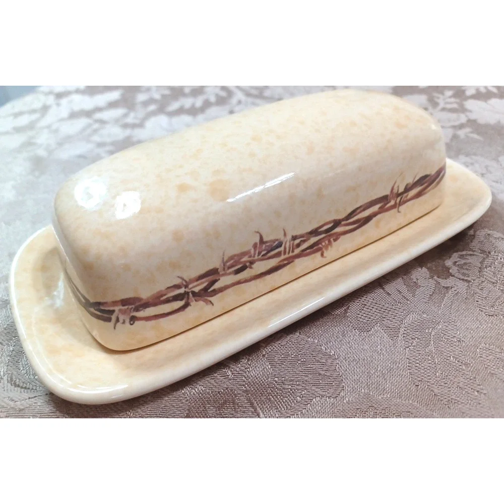 Cowboy Living Barbwire Covered Butter Dish w Lid Eve Armson 8x4 Western *READ